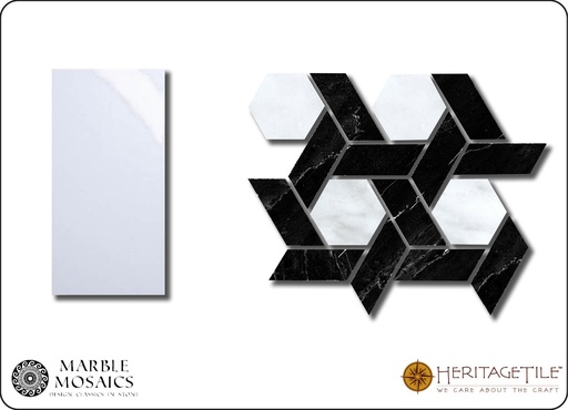 Honed marble lattice Sample Card in 'Jet Black' with 'Carrara White' hexagon