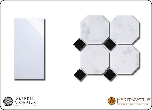 Honed marble octagon Sample Card in 'Carrara White' with 'Jet Black' dots