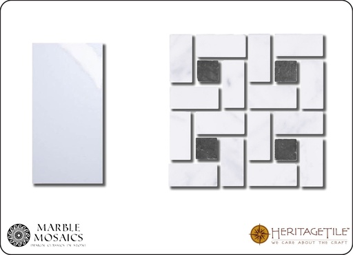 [XKMMS0HA] Honed marble spiral Sample Card in 'Carrara White' with 'Jet Black' dot